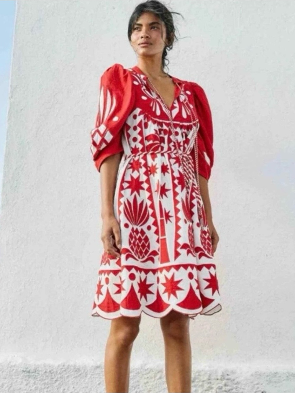 FARM Rio Tropical Cutwork Midi Dress Medium Red